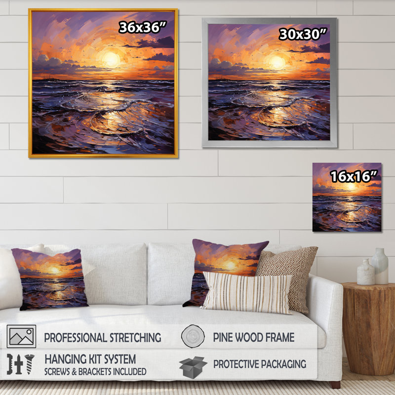 Océan jaune et mauve, coucher de soleil, étreinte III, Cadre doré simple, H 30 po x l 30 po x P 1,5 po