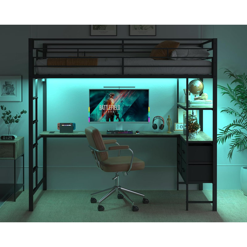 Metal Loft Bed Frame With 15" Safety Guardrail, Non-Slip Ladder, 2 Charging Stations, L-Shaped Desk, Storage Shelve, 4 Drawers, LED Lights