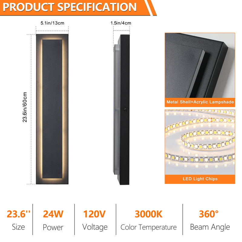 2 Packs Adali 23.6IN Wall Sconce., 23.6'' H x 5.1'' W x 1.5'' D, Matte Black