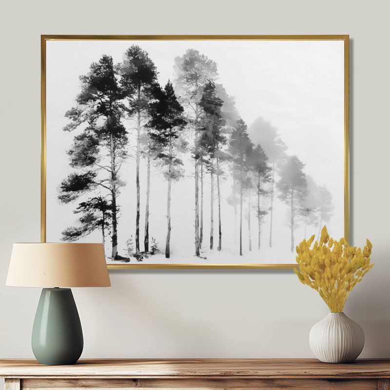 «Black and White Tall Pine Tree Forest», reproduction d'art sur toile, H 16 po x l 32 po, Cadre flottant, Doré
