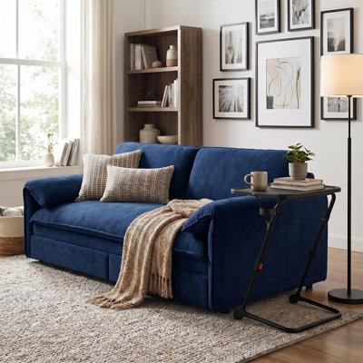 66" 3-In-1 Convertible Velvet Sofa Bed With Tv Tray, Queen Size Sofa Bed With Bedside Table, Chaise Lounge And Sofa With Latop Table, 2 Piece For Living Bed Room Apartment, Navy Blue