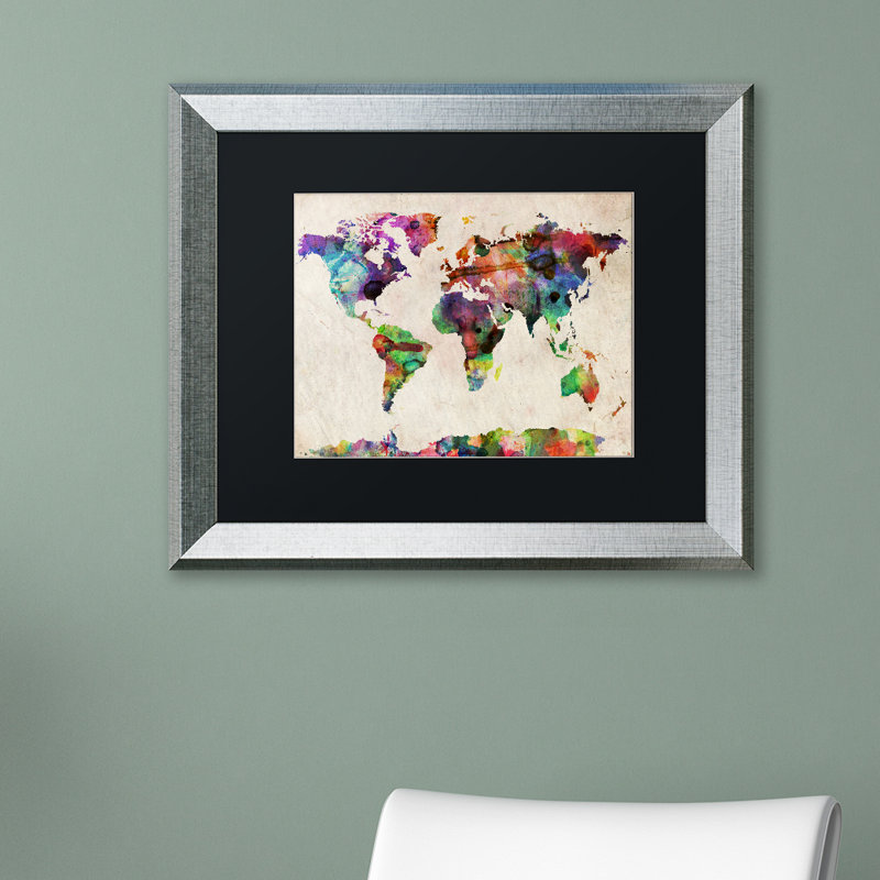 « urban aquarelle world map », impression encadrée sur toile, H 11 po x l 14 po x P 0,5 po