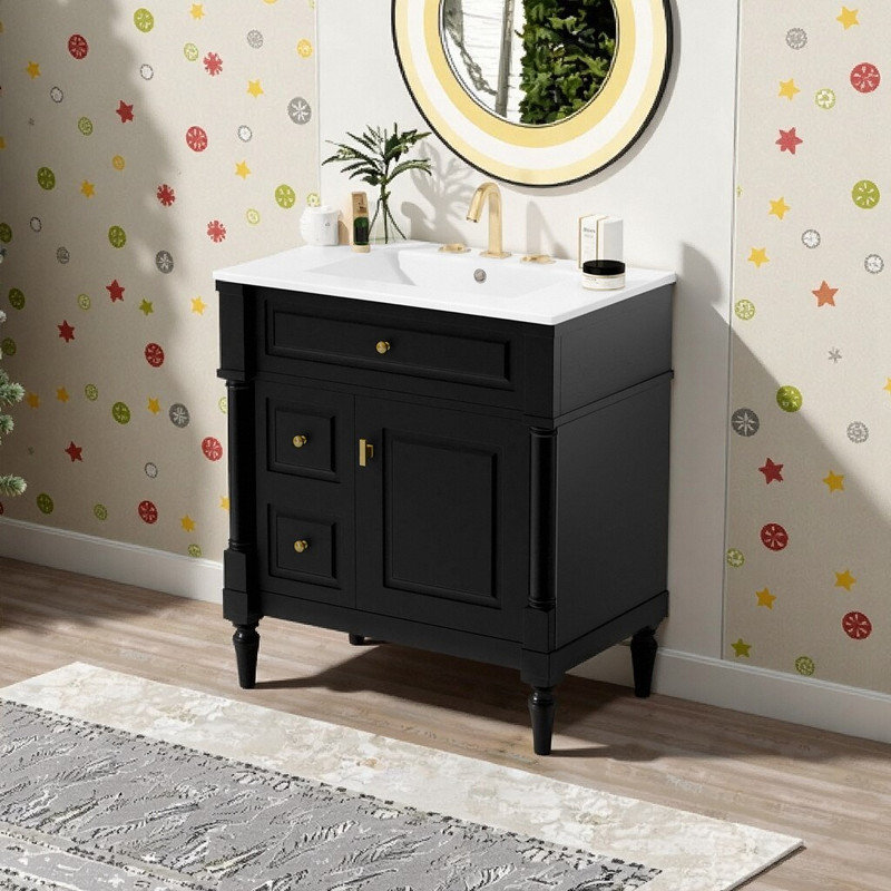 30" Freestanding Bathroom Vanity With Ceramic Sink Solid Rubberwood Frame & Flip Drawer Storage, Black
