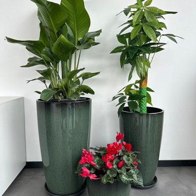 Ensemble de 3 grandes jardinières en plastique avec drainage 24 21 11 pouces vert foncé