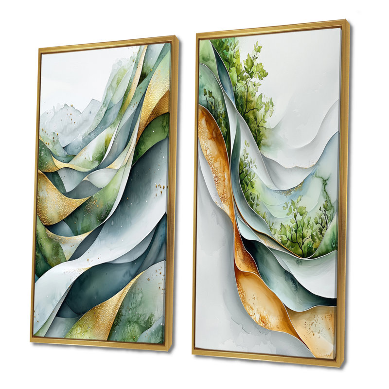 Nature Whispers Of Hard Edge, peinture I - art mural abstrait 2 panneaux, H 28 po x l 25 po, Cadre flottant doré