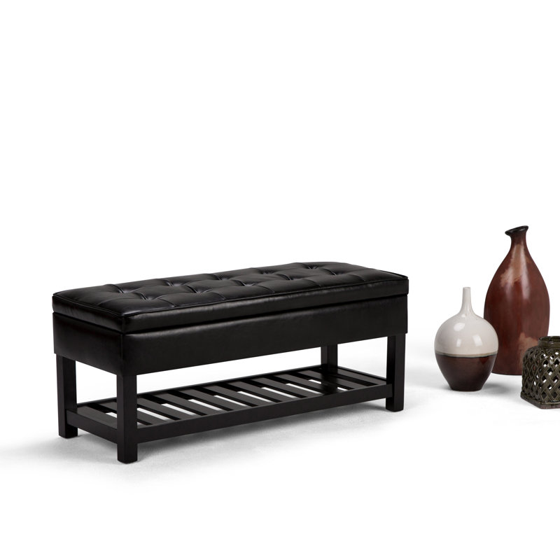Cosmopolitan 44"W Vegan Leather Transitional Storage Ottoman Bench with Tufted Lift-Top and Open Shelf, Midnight Black
