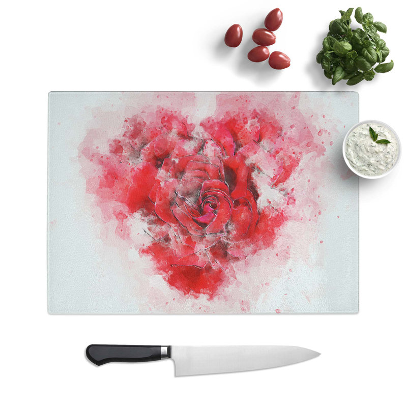 Tempered Glass Rose Heart Chopping Board, 39 cm W x 28.5 cm L