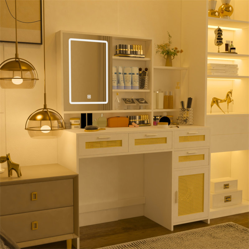 Coiffeuse de maquillage avec lumières en 3 couleurs et miroir ouvert, bureau de coiffeuse avec 4 tiroirs et 1 armoire et tablettes, commode de coiffeuse en rotin, pour chambre à coucher