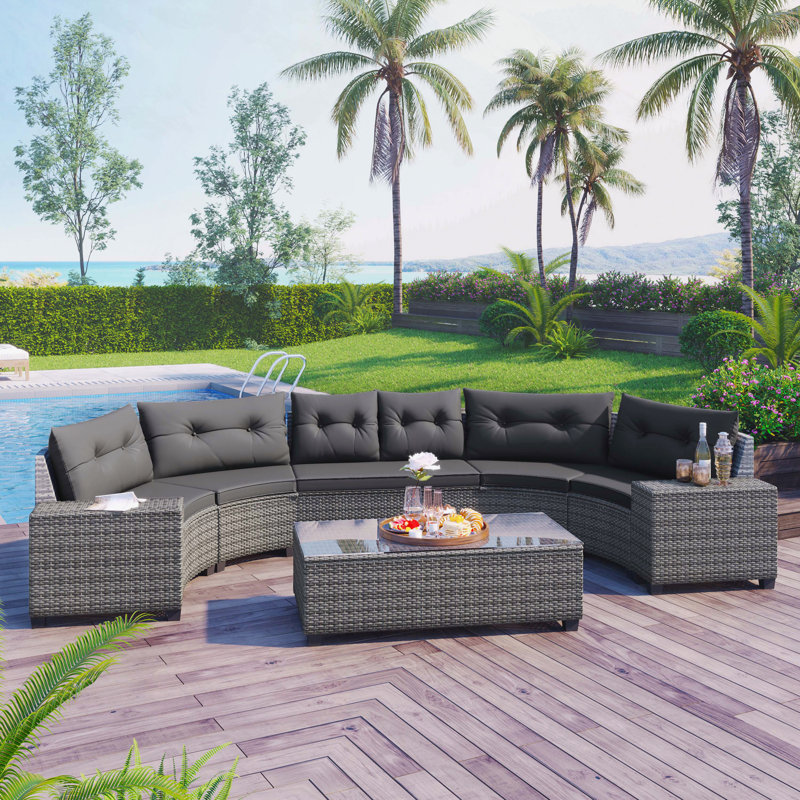 8-pieces Outdoor Wicker Round Sofa Set, Half-Moon Sectional Sets All Weather, Curved Sofa Set With Rectangular Coffee Table, PE Rattan Water-resistant and UV Protected, Movable Cushion