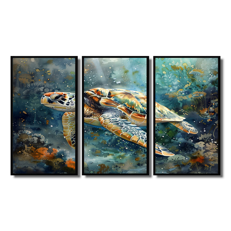 «Sea Turtle Journey II - Ensemble de créatures marines», H 28 po x l 36 po x P 1 po, Toile avec cadre flottant noir