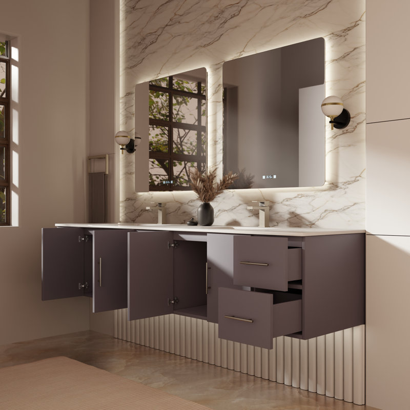 Geneva 84" Wall-Mounted Double Bathroom Vanity Set, Dark Gray, White Quartz