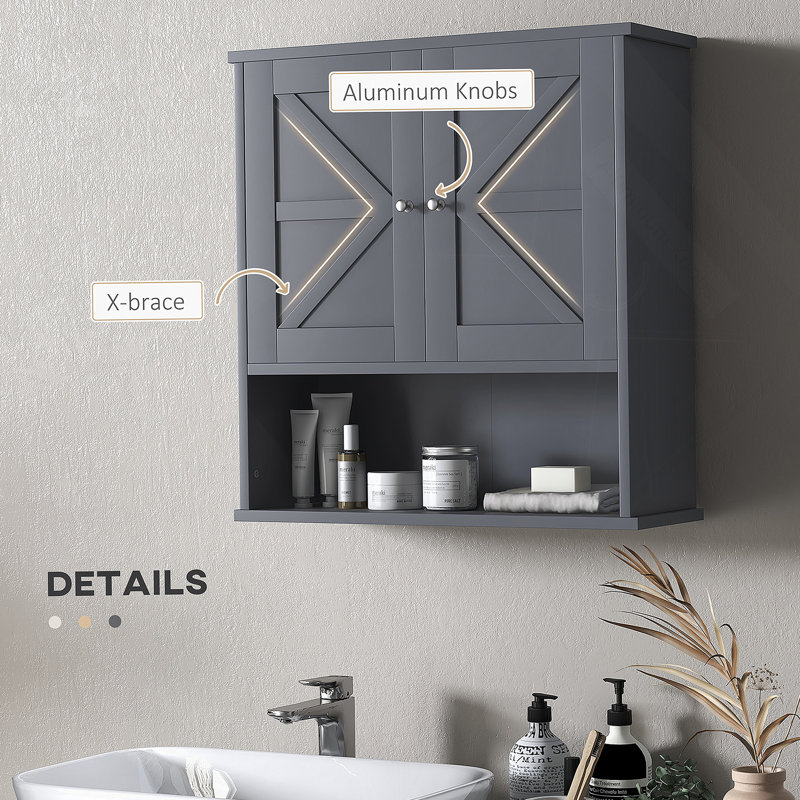 Armoire de salle de bain Farmhouse, armoire à pharmacie murale avec tablette ouverte et tablette réglable, rangement pour salle de lavage, gris