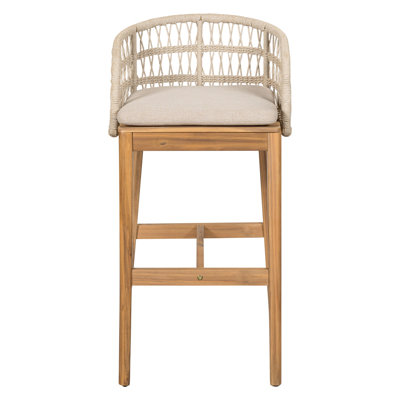 Tabouret de bar d'extérieur en bois et corde, bois fini teck avec coussin beige, ensemble de 2