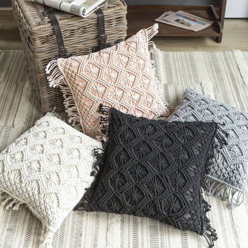 Handmade Crochet Off-White Cotton Boho Throw Pillow 18x18 inches
