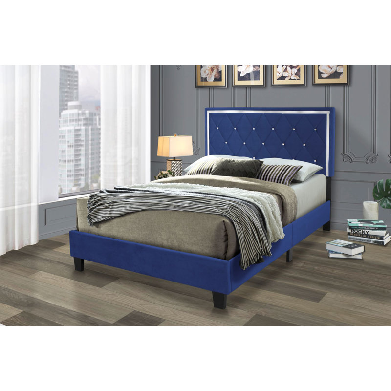 Fusco Velvet Upholstered Wood Platform Bed Fully Slated, King, Blue