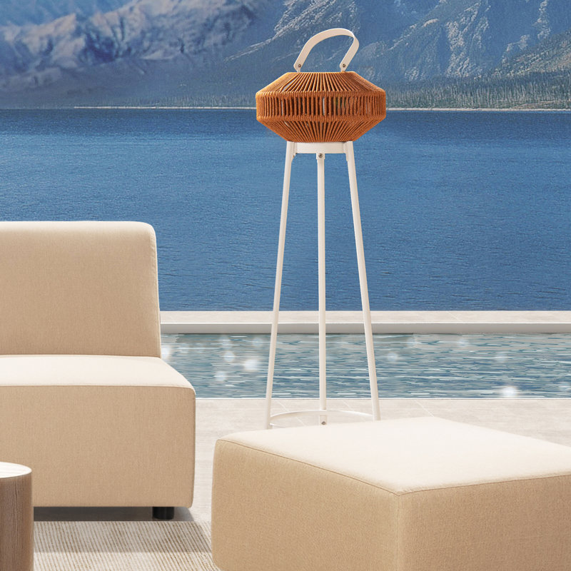 Heathered Orange and White Olefin Round Outdoor Lantern Set with USB Rechargeable LED Light