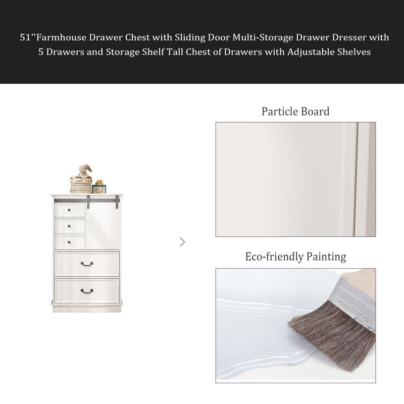 Commode de style campagnard 51 po avec porte coulissante, commode multi-tiroirs avec 5 tiroirs et tablette de rangement, commode haute avec tablettes réglables pour la chambre à coucher et le salon