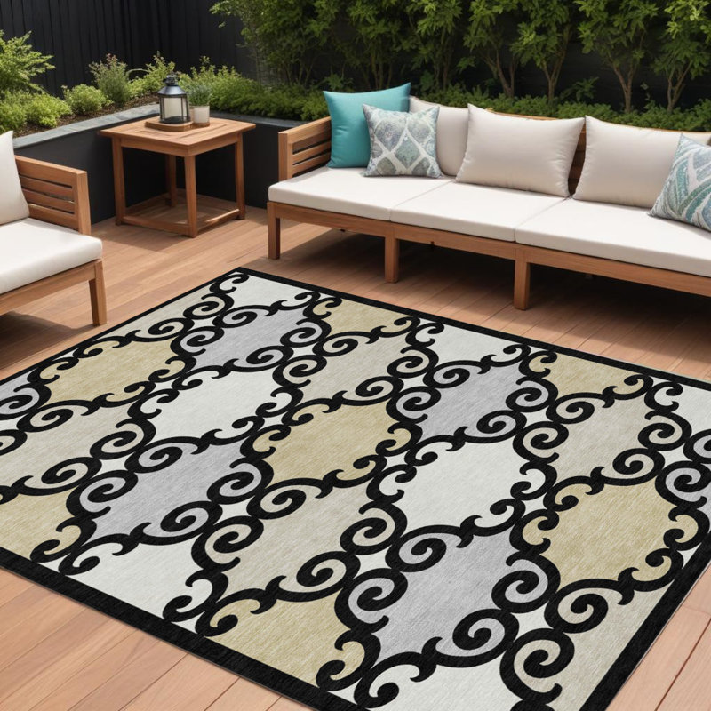 Tapis extérieur lavable à motif de treillis noir et ivoire 9 pi x 12 pi