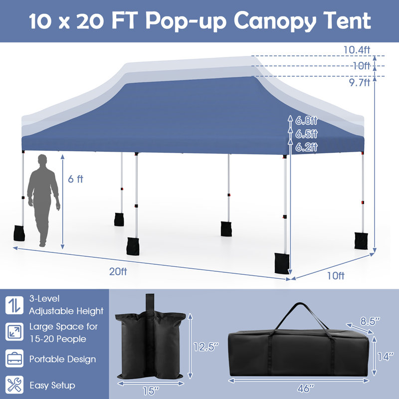 Gymax 10 x 20FT Pop-up Canopy Tent Folding Instant Sun Shelter w/ 3 Adjustable Heights, Blue