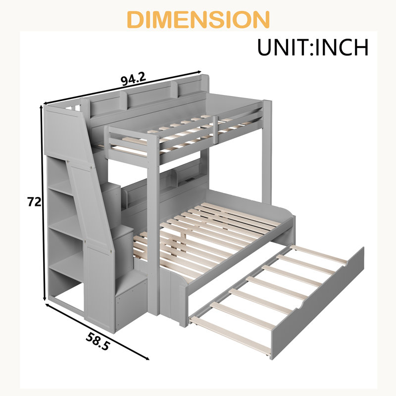 Lit simple superposé au dessus d'un lit double avec escalier de rangement, lit gigogne, tablettes de rangement, DEL et USB