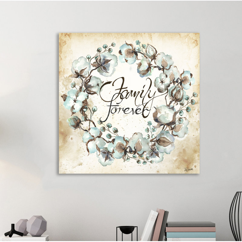 Cotton Boll Brown Wreath: Family Forever - Wrapped Canvas Painting, 30cm H x 30cm W