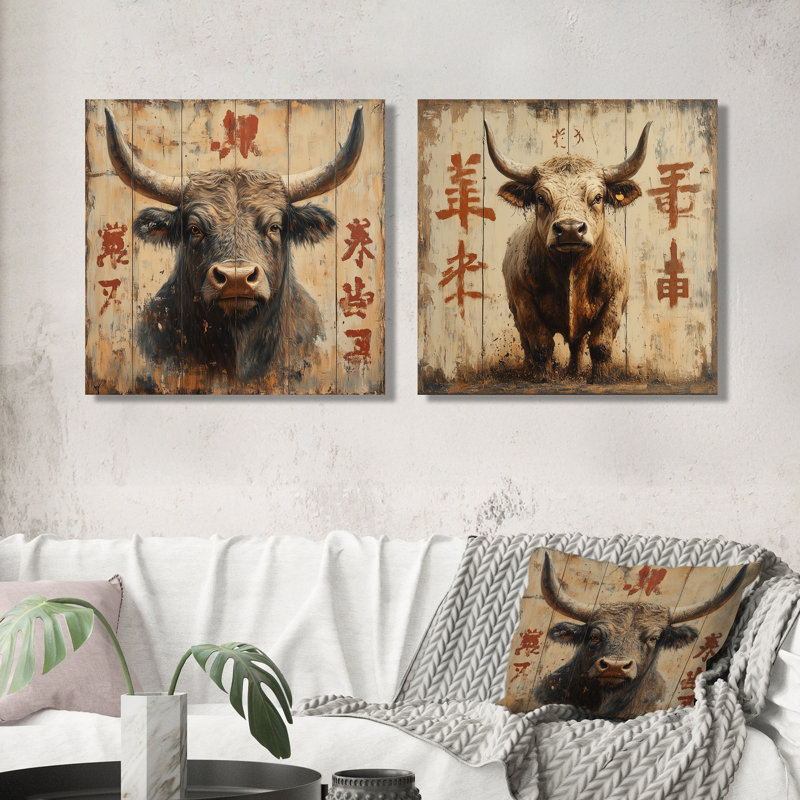 China China and Bull Ox I - Bull Wall Art - ensemble d'art mural moderne 2 pièces, Toile tendue, Ne s’applique pas