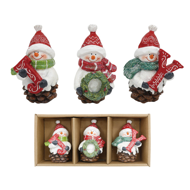 Charmant ensemble de 3 mini figurines de bonhomme de neige en résine dans une boîte Kraft