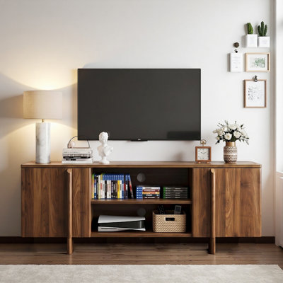 Meuble télé et meuble de rangement de style ferme moderne du milieu du siècle, 55 pouces – Centre multimédia avec gestion des câbles, portes doubles et étagères ouvertes (convient aux téléviseurs jusqu'à 48 pouces)