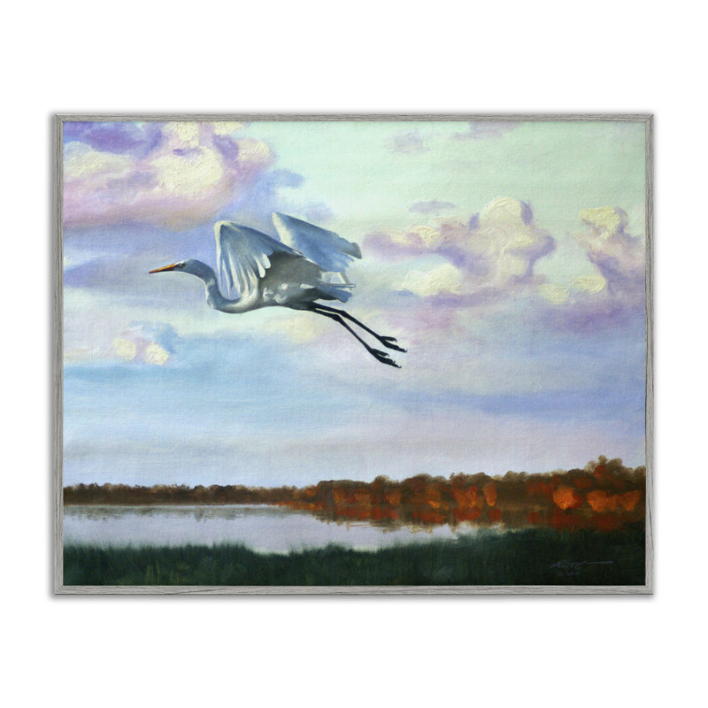 «Egret Over Lake Shore», estampe numérique par D. Rust, H 24 po x l 30 po, Estampe numérique Farmhouse