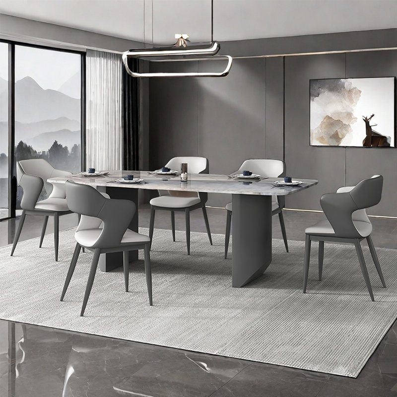 Modern Gray Microlite Rectangular Dining Table Sets, 5