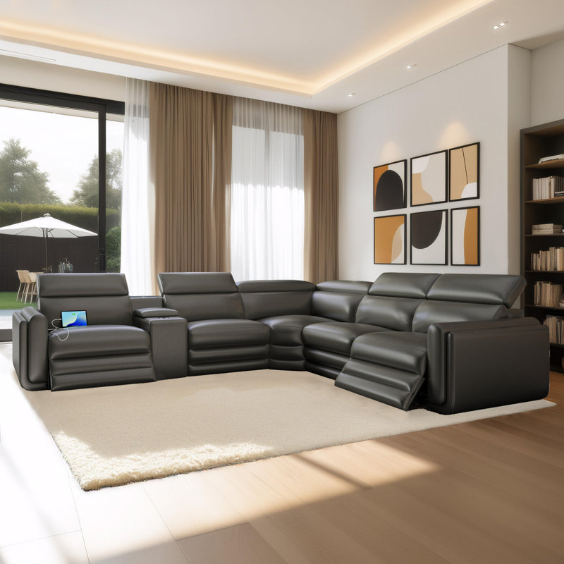 Gesina Oversized Dual Power Reclining 5-Seater Sofa with Console, Bluetooth Speakers & Storage,  Leathaire