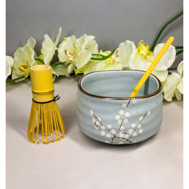 Ensemble de fouets et cuillères à thé en céramique japonais matcha et prune, Prune, bleu