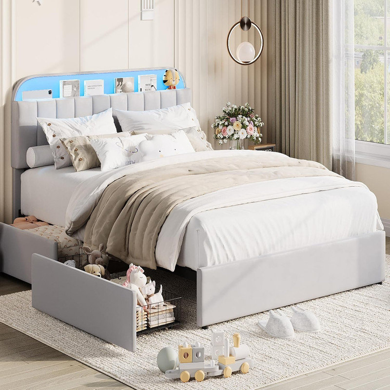 Velvet Upholstered Bed Frame with 2 Drawers – Bookcase Headboard, LED Lights, Kids Bed, Noise-Free, Full, Gray