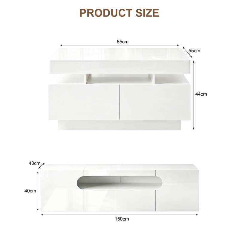 Modern Living Room Set, High-Gloss Floating LED TV Stand & Rectangular Coffee Table Combo, White