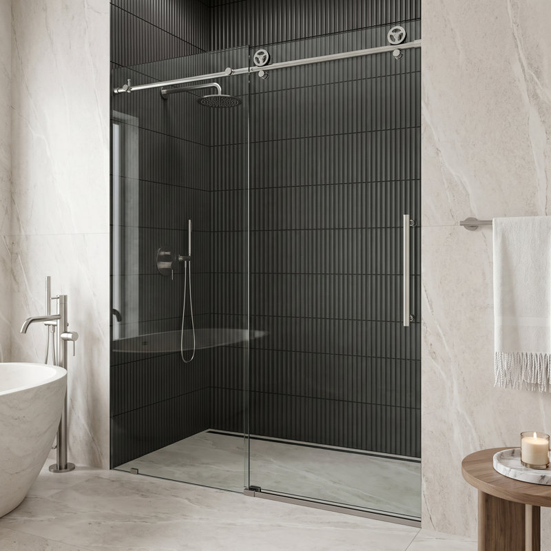 Porte de douche coulissante sans cadre avec verre transparent 3/8 po l 48-52 po x H 76 po Cass, Acier