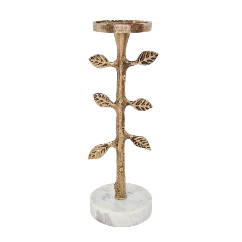 Gold Branch Pillar Holder With Leaf Accents And White Marble Base, 12" H x 3.9" W x 3.9" D