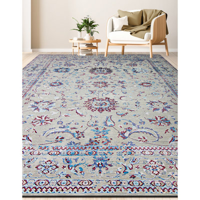 Tapis argent / vin / bleu noué à la main de haute qualité