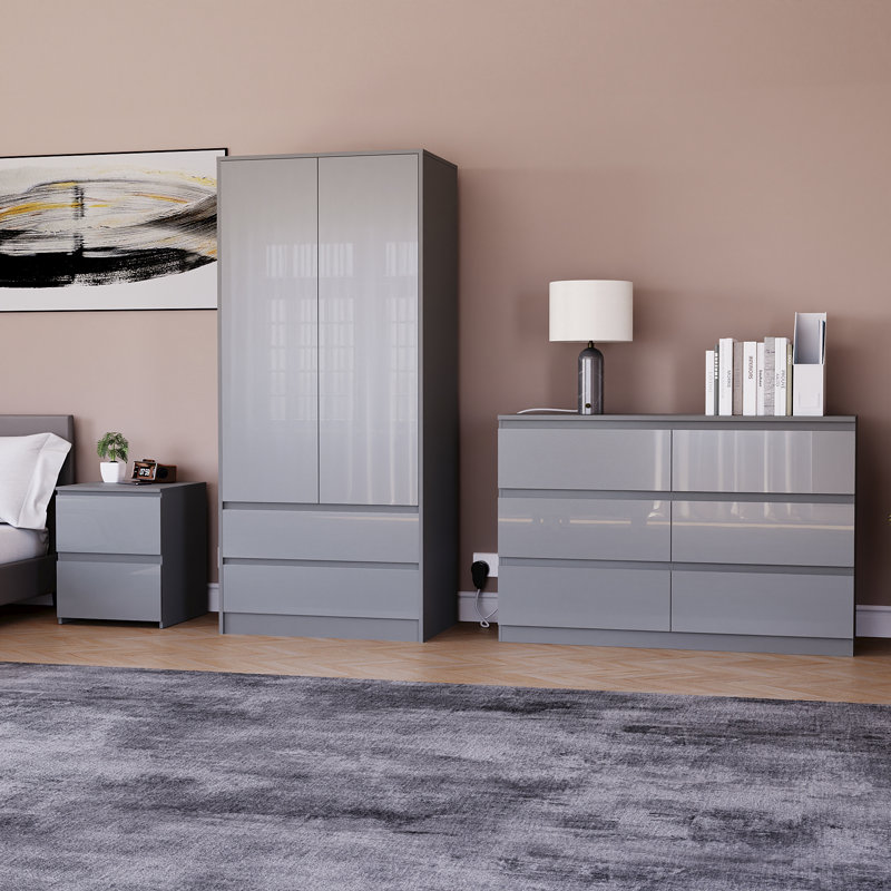 3 Piece Bedroom Set (2 Drawer Bedside Chest, 6 Drawer Chest, 2 Door 2 Drawer Wardrobe), (100% FSC), Grey