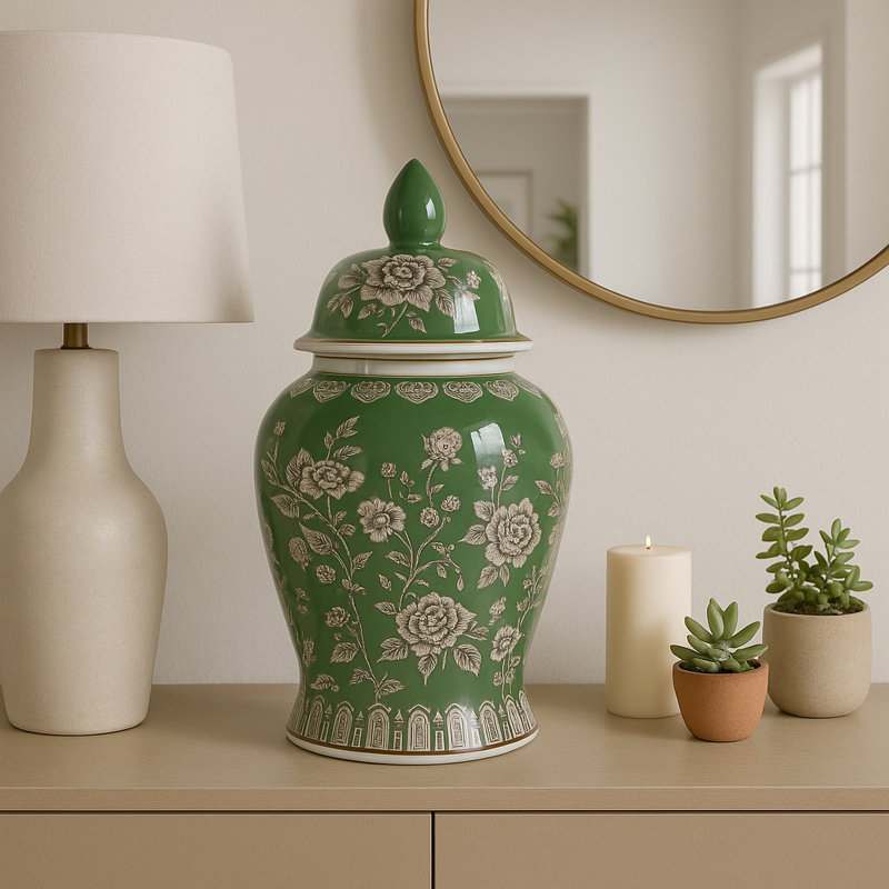 Decorative Bird And Flower Temple Jar With Lid -  Tall Home Decor Accent For Coffee Table - Versatile Jar Or Vase For Office Desk - Green & White