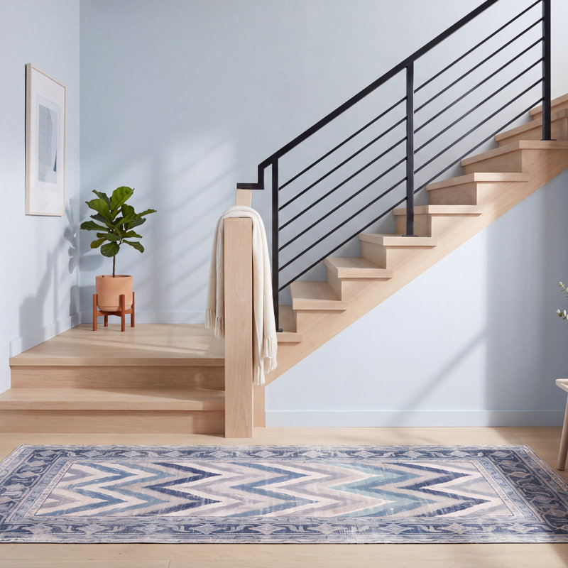 Tapis Carrington moderne à rayures effet pinceau, bleu marine, turquoise, gris, crème et rose, lavable à la machine, antidérapant, à poils courts, pour l'intérieur et l'extérieur, adapté aux animaux domestiques, idéal pour le salon, la chambre, la salle à manger, l'entrée, le couloir ou le bureau.