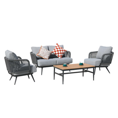 4-Piece Outdoor Patio Conversation Set With Woven Rope Seating, Olefin Cushions, Wood-Grain Coffee Table, And 330 Lbs Weight Capacity For Backyard, Balcony, Or Garden Use.