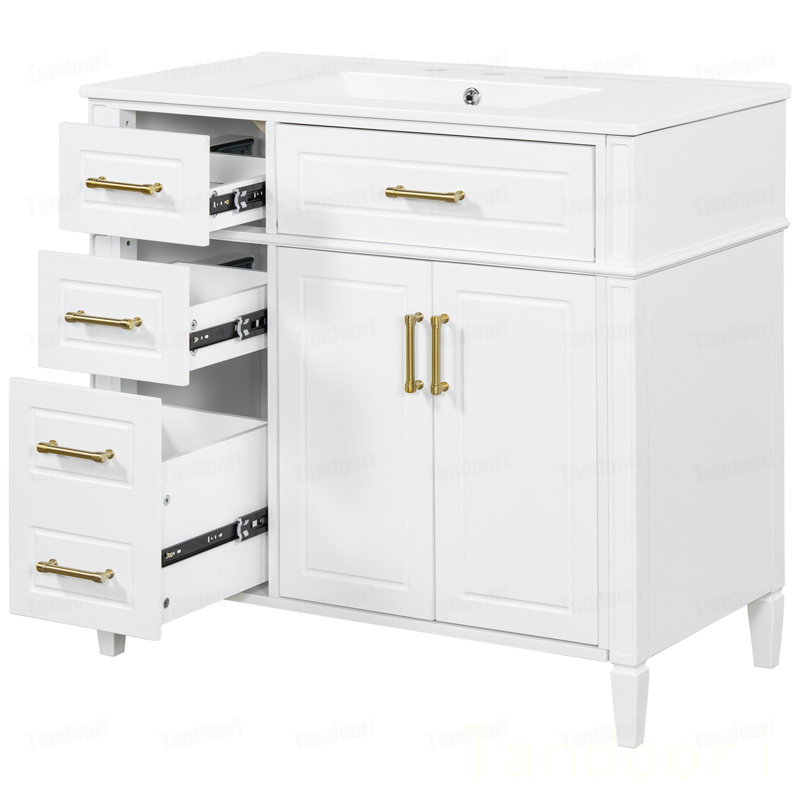 Meuble-lavabo de salle de bain avec lavabo, meuble-lavabo simple avec 4 tiroirs (1 tiroir rabattable), 2 portes et tablette ajustable, armoire en bois de pin et panneau de fibres à densité moyenne avec lavabo en céramique