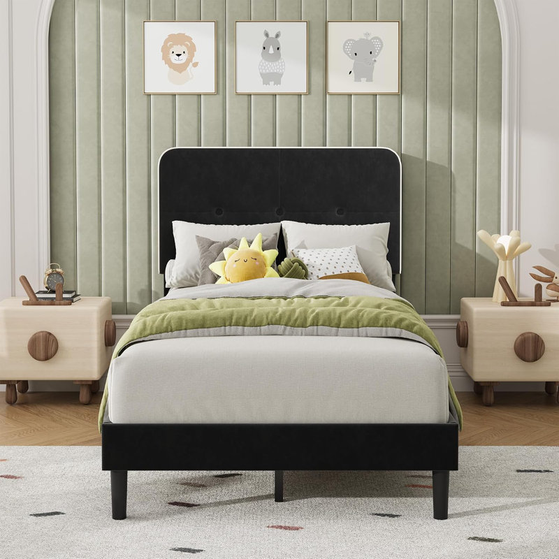 Structure de lit simple tapissier avec tête de lit ajustable, Lit simple, Flanelle noire + bordure blanche