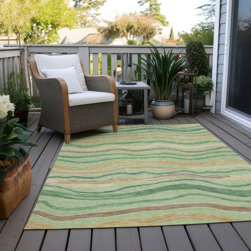Green and Beige Synthetic Stripe Washable Indoor/Outdoor Rug