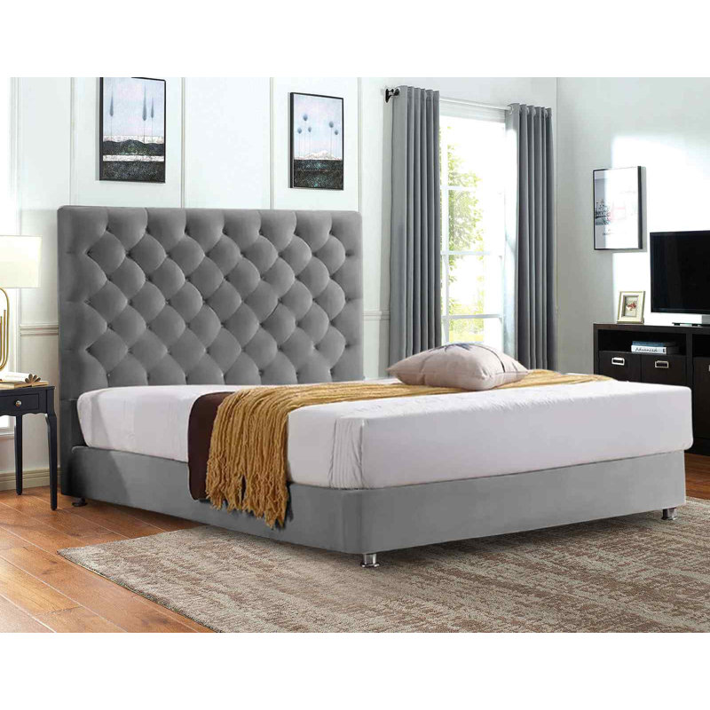 Upholstered Velvet Bed, Small Double (4'), Grey