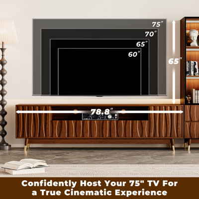 102.3“ Brown Fluted Entertainment Center With Bookshelves For 55/65/70/75 Inch TV, Mid-Century Modern Wood Walnut Finish Splayed Leg TV Console Table And 23.6" Lighted Glass Display Bookcase With Storage For Living Room Bedroom