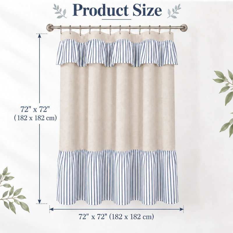 Rideau de douche à volants de style ferme, patchwork rayé lin et marine, décoration naturelle de salle de bain, tissage texturé pour salles de bain modernes et shabby chic, 183 x 183 cm