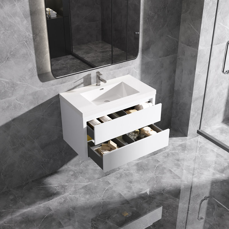 Meuble-lavabo mural flottant en chêne naturel avec surface de lavabo simple en blanc, Blanc, 36"