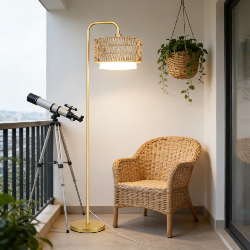 Floor Lamp With Dual Removable Shades - Rattan And Fabric Linen Shade, 3 Color Temperatures & Dimmable, Remote & Foot Pedal Control, For Living Room, Bedroom, Office