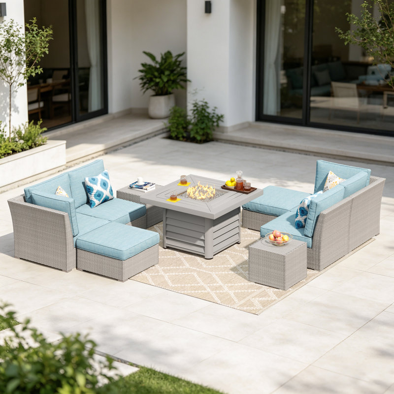 Ensemble de conversation modulaire d'extérieur en osier / rotin 6 personnes (entièrement assemblé) avec coussins et table de foyer en aluminium Baecher